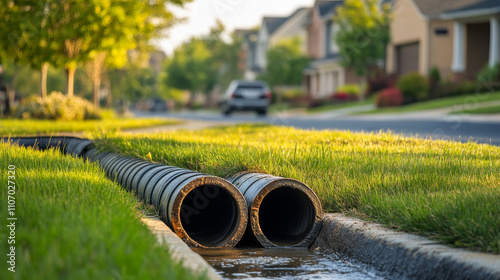 Sewer and plumbing pipes underground in suburban area. Sewerage system and city supply. Cartoon vector illustration of town neighborhood street with engineering drainage and wastewater network. photo