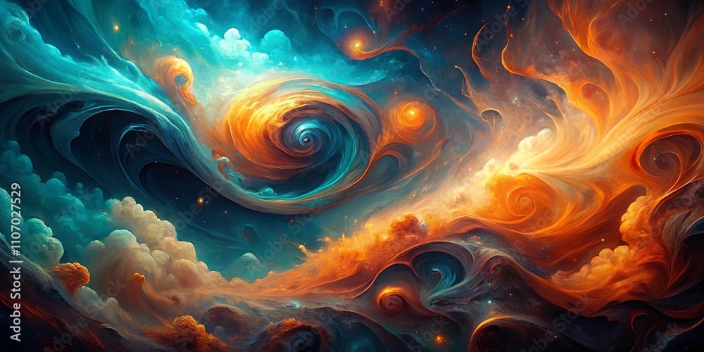 Cosmic swirls of vibrant teal and fiery orange hues, a celestial dance of swirling nebulae and ethereal clouds Cosmic swirls of vibrant teal and fiery orange hues, a celestial dance of swirling nebulae and ethereal clouds
