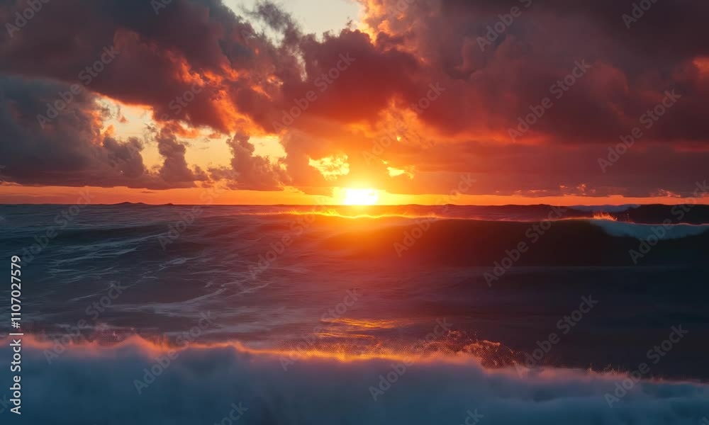 Fiery Sunset over a Turbulent Ocean, Waves Crashing with Golden Light