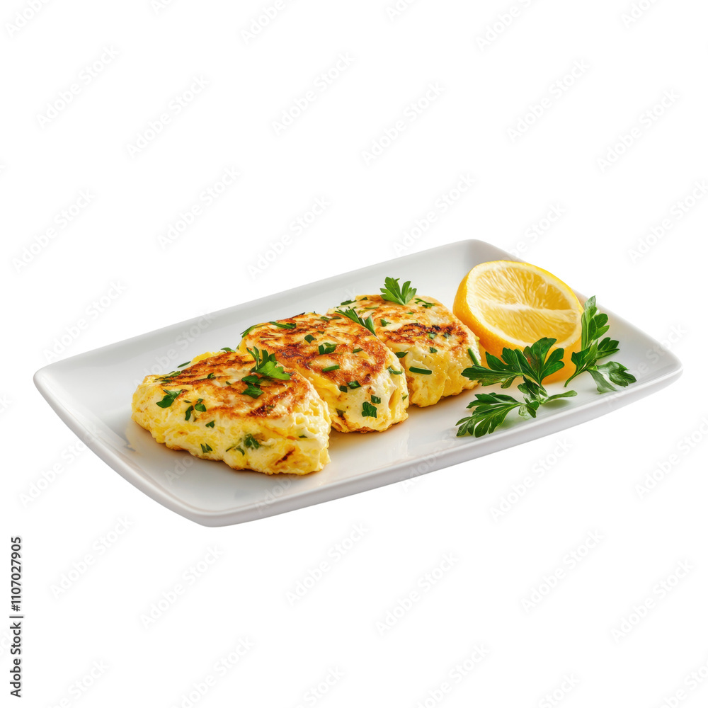Delicious herb-infused vegetable fritters with lemon garnish Delicious herb-infused vegetable fritters with lemon garnish