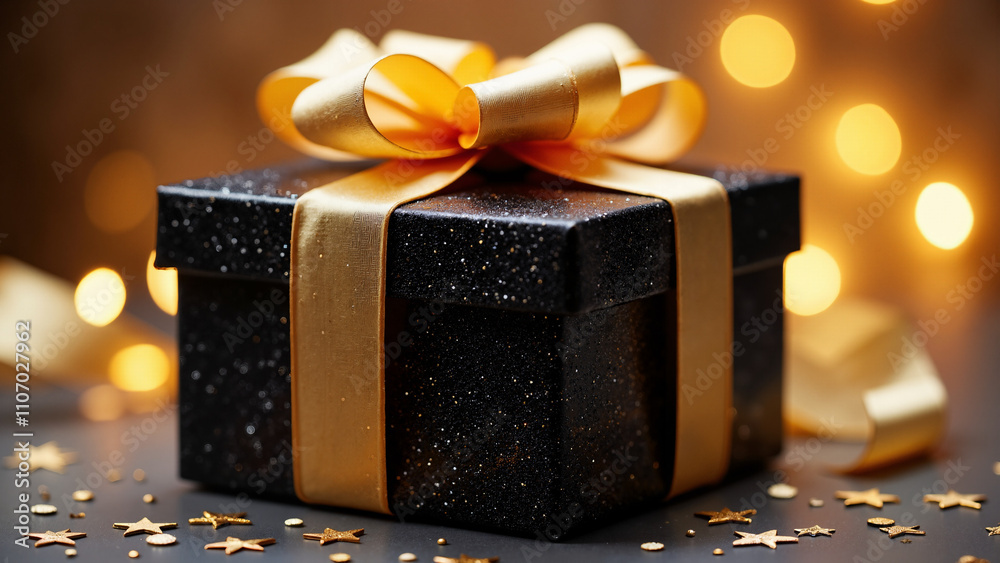 Luxurious Black Gift Box with Golden Ribbon: Perfect for Holiday Promotions or Elegant Birthday Celebrations Luxurious Black Gift Box with Golden Ribbon: Perfect for Holiday Promotions or Elegant Birthday Celebrations