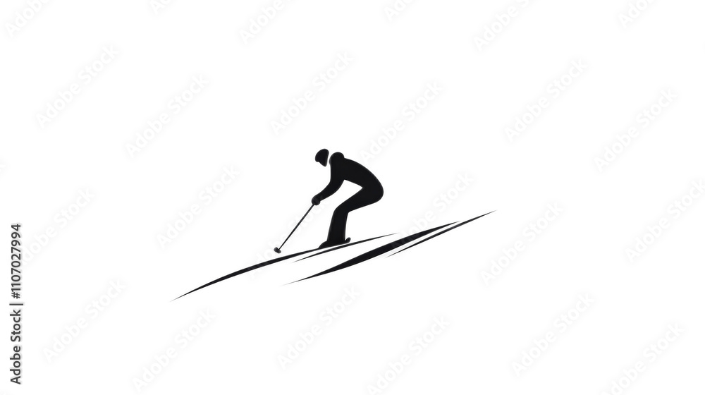 Fototapeta premium Silhouette of a Skier in Action on Snowy Slopes in Black Background