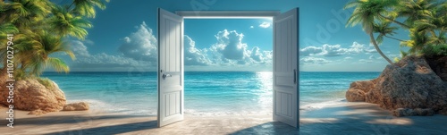 Doorway leading to a beach with palm trees and a blue sky, travel
