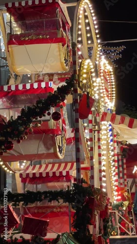 A vibrant Christmas market featuring a glowing ferris wheel, festive lights, and decorated stalls, creating a cheerful holiday ambiance.

