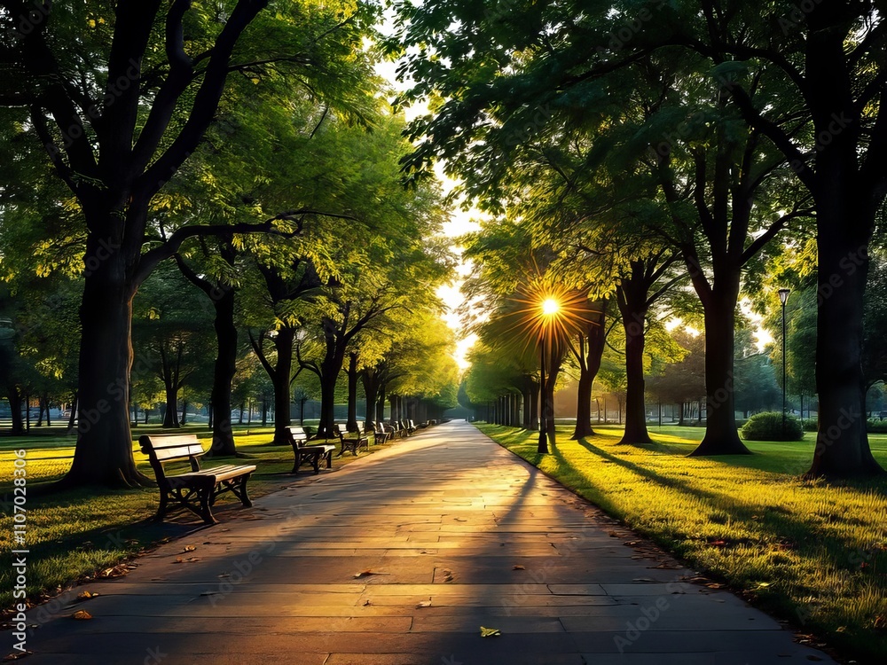 Fototapeta premium Sunset paints the empty park bench, green trees silhouetted. AI art.