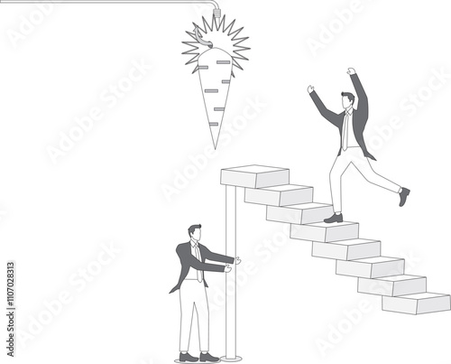 Two businessmen using a ladder to catch the dangling carrot at the end of a stick