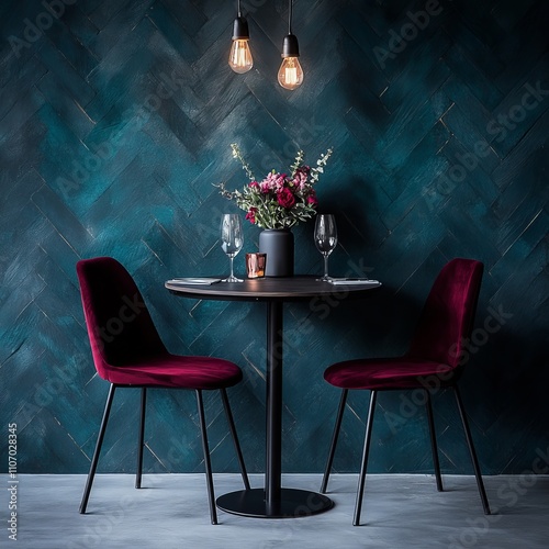 Romantic restaurant table setting with teal wall, burgundy chairs, flowers, and lights.