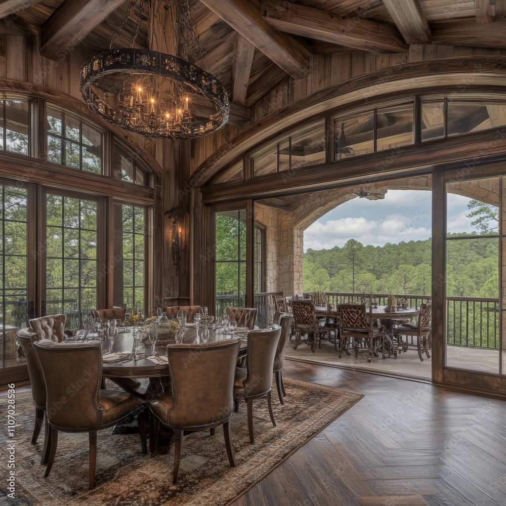 Naklejka premium Rustic dining room with large windows, wooden beams, chandelier, and outdoor patio view.