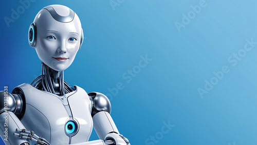 Artificial Intelligence with Folded Hands on Blue Background copy space, robot copy space background, humaniod photo