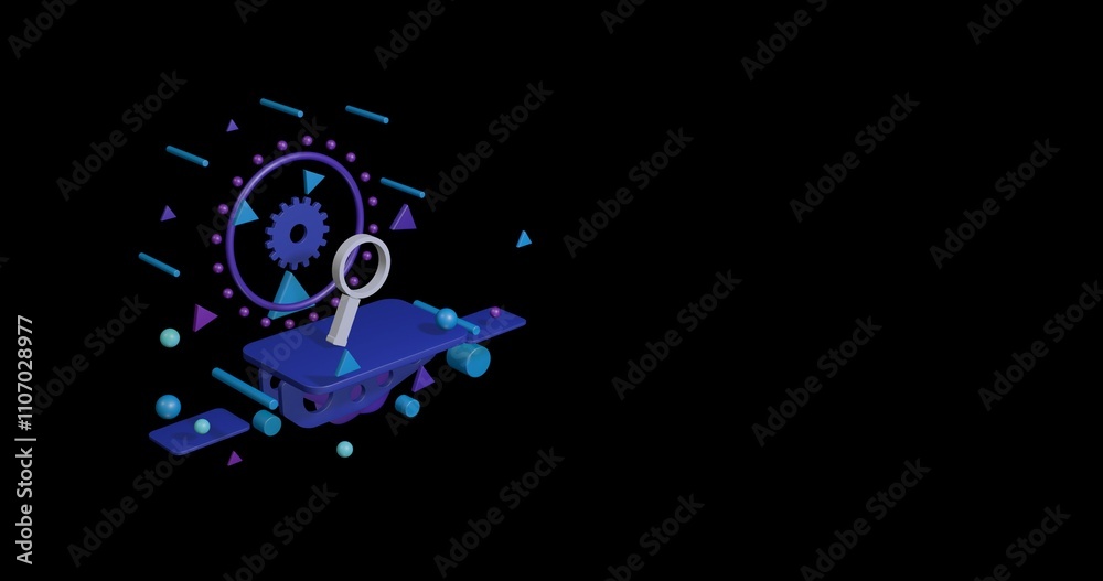 White magnifier symbol on a pedestal of abstract geometric shapes floating in the air. Abstract concept art with flying shapes on the left. 3d illustration on black background White magnifier symbol on a pedestal of abstract geometric shapes floating in the air. Abstract concept art with flying shapes on the left. 3d illustration on black background
