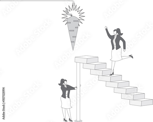 Two businesswomen using a ladder to catch the dangling carrot at the end of a stick