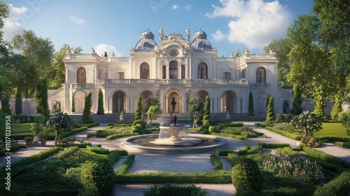 Grand estate with manicured gardens and fountain.