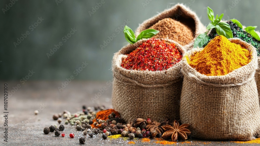Fototapeta premium Spices and herbs in burlap sacks kitchen countertop food photography rustic setting close-up culinary art