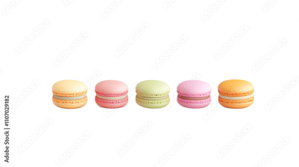 Obraz premium Colorful French Macarons in Row on White Background for Dessert Lovers
