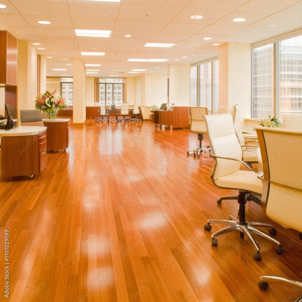 Spacious modern office with hardwood floors, desks, chairs, and large windows offering natural light. Spacious modern office with hardwood floors, desks, chairs, and large windows offering natural light.