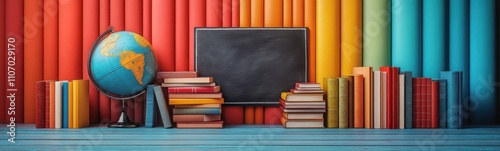 Books and a globe sit on a shelf in front of a colorful wall, blank banner, space for text