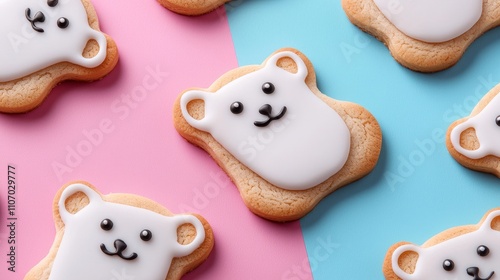 Close-up of polar bear-shaped cookies decorated with white icing and black candy eyes, set on a colorful background, creative treats for kids, fun and playful vibe