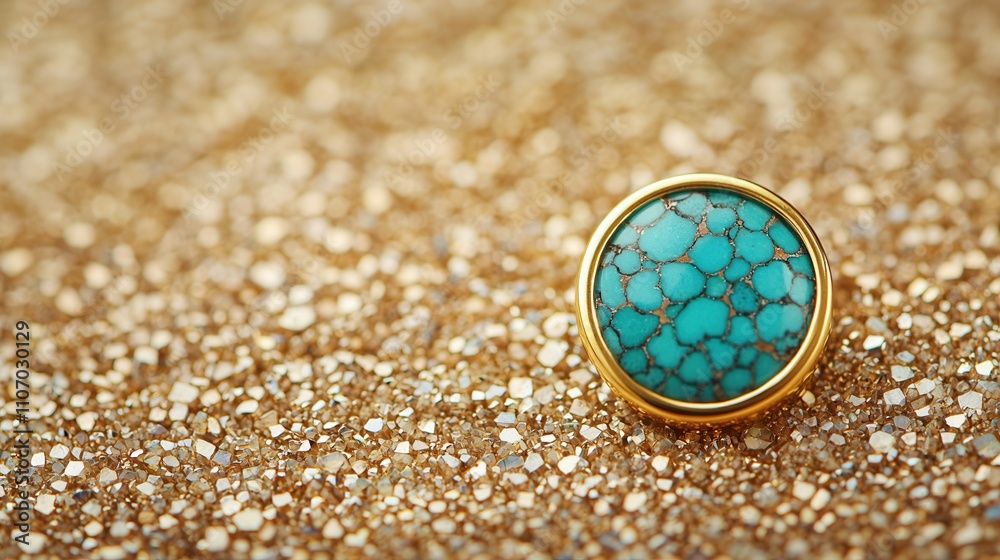 Turquoise jewelry and coastal, A turquoise gemstone set in gold rests on a shimmering golden surface, highlighting its vibrant color and intricate details. Turquoise jewelry and coastal, A turquoise gemstone set in gold rests on a shimmering golden surface, highlighting its vibrant color and intricate details.