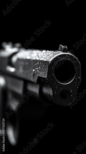 A close-up view of a handgun with droplets of water on its surface against a dark background.