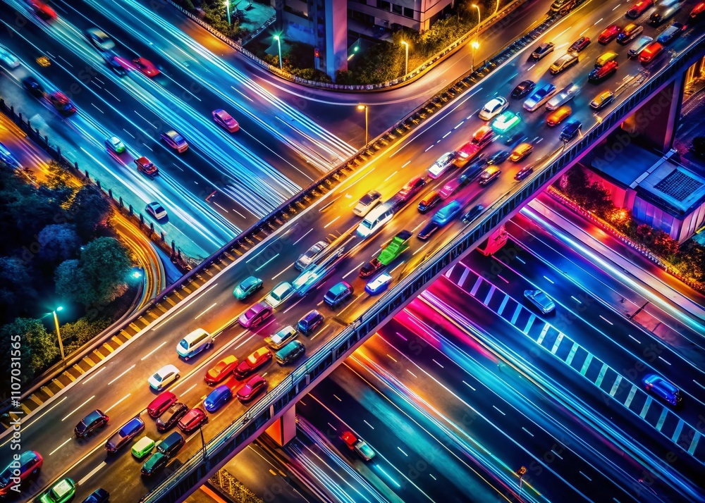 Minimalist Traffic Scene in a Neon Cityscape: Captivating Urban Lights and Motion Blurs Showcase the Dynamic Energy of City Life After Dark