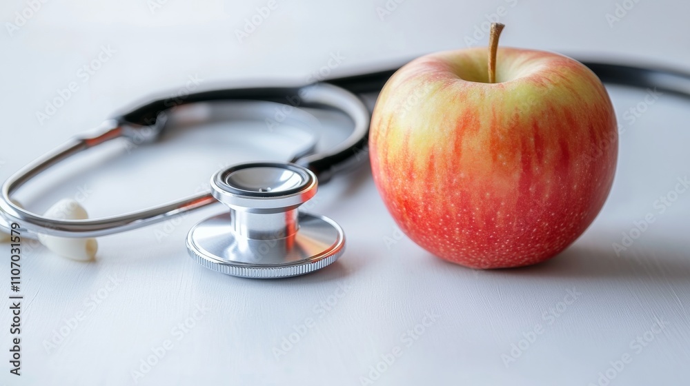 A close-up of a healthy apple next to a medical stethoscope on a white surface, symbolizing nutrition and health, Wellness style A close-up of a healthy apple next to a medical stethoscope on a white surface, symbolizing nutrition and health, Wellness style