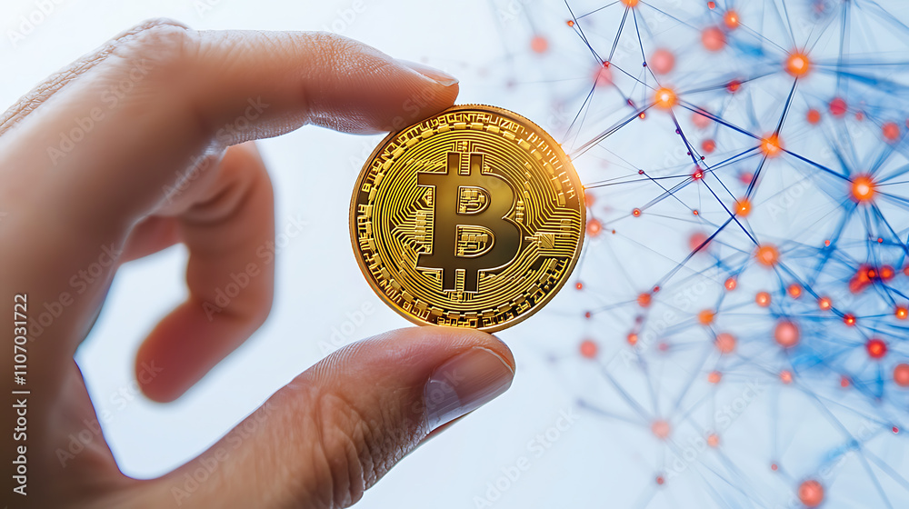 Fototapeta premium Cryptocurrency golden bitcoin coin in hand. Digital currency concept.