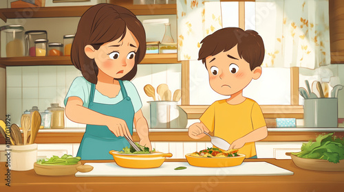 Mom and son on messy kitchen cook food at home. Woman character with boy together cooking meal for dinner background. Adult helping sad kid to make breakfast or lunch cartoon motherhood illustration