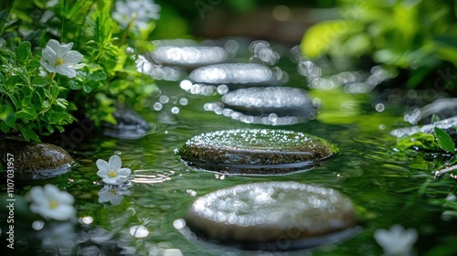 Stepping Stones in a Tranquil Stream with White Flowers and Lush Greenery photo