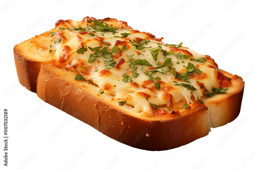 PNG cutout of garlic bread toast topped with melted cheese and herbs, isolated on transparent background. PNG cutout of garlic bread toast topped with melted cheese and herbs, isolated on transparent background.
