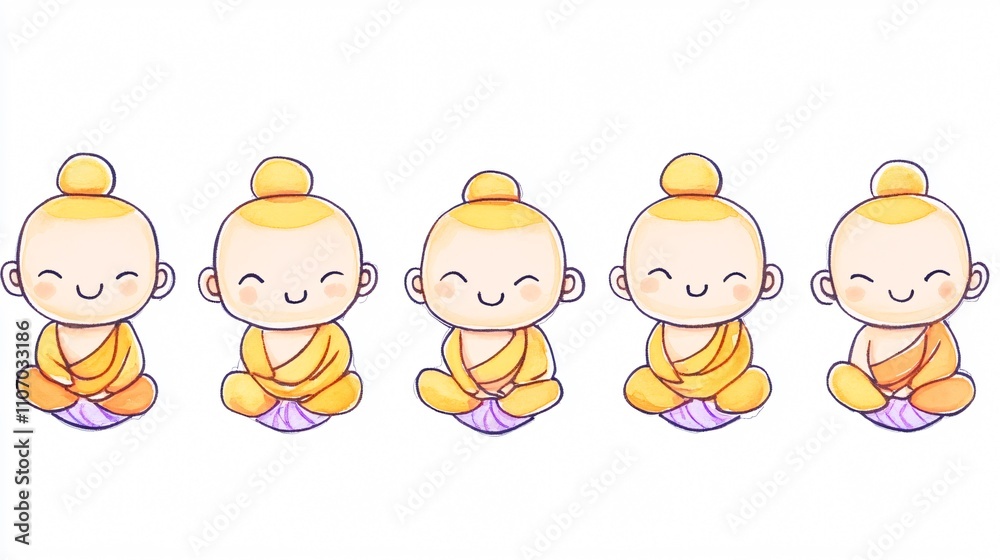 Five Cute Little Monks Meditating in Harmony: A Serene Illustration of Buddhist Spirituality Five Cute Little Monks Meditating in Harmony: A Serene Illustration of Buddhist Spirituality