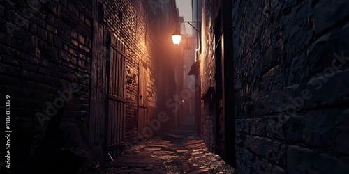 Fototapeta Naklejka Na Ścianę i Meble -  A narrow alley at night with a single streetlight casting a moody glow.