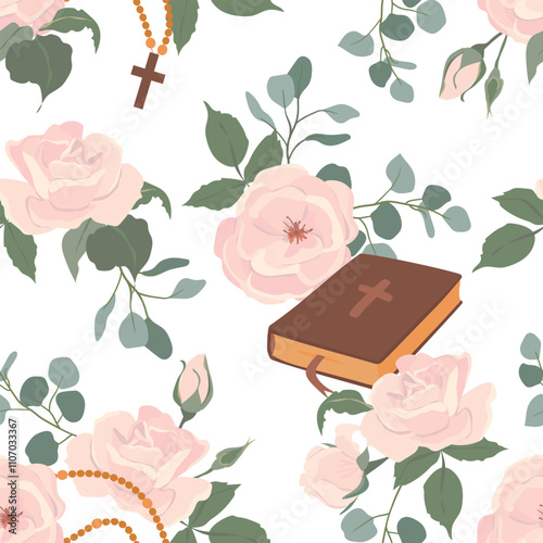 Vector background of first communion symbols. Bible, rosary, white roses and crucifix. Seamless pattern with Christian symbols. Clipart for holiday invitations.