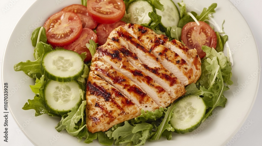 A vibrant, healthy lunch with grilled chicken and fresh salad in a beautifully arranged presentation. A vibrant, healthy lunch with grilled chicken and fresh salad in a beautifully arranged presentation.