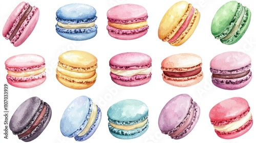 A Watercolor Collection of Colorful Macarons with Various Fillings