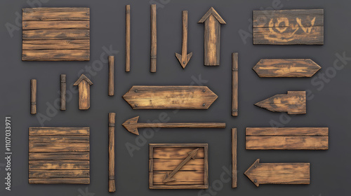 Wooden boards and direction signs - realistic 3d illustration set of brown plates on poles with wood texture and copy space for text or title. Road arrow and traffic street frame for signage.