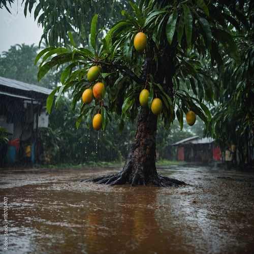 Mango tree during the monsoon season, with heavy rain falling and the ground covered in puddles.