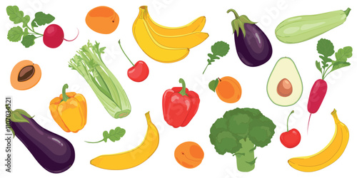 Set of natural fruits and vegetables. Vector farm products on white background. Radish, broccoli, zucchini, eggplant, banana, cherry, apricot, avocado, celery, bell pepper in cartoon style.