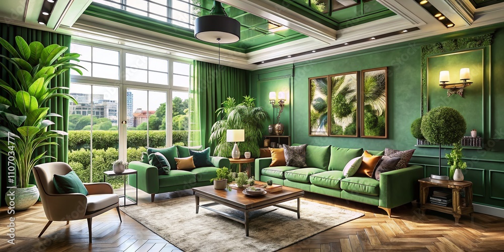 Naklejka premium Modern Aerial View of a Chic Living Room with Elegant Green Walls and Ceiling, Plush Green Sofa, Large Windows, and Lush Potted Plants for a Fresh and Inviting Atmosphere