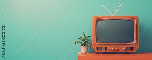 Retro Orange Television Set With Plant photo