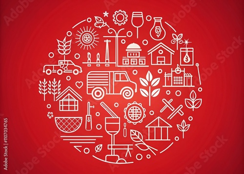 Modern Agriculture Vector Illustration on Red Background Featuring Circular Designs and Linear Elements for Agricultural Themes, Farm Products, and Sustainability Concepts photo