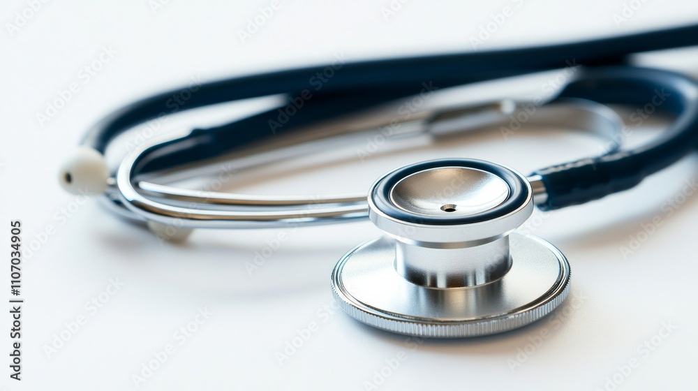 A close-up of a medical stethoscope placed on a white background, Clean and simple style, photo of A close-up of a medical stethoscope placed on a white background, Clean and simple style, photo of
