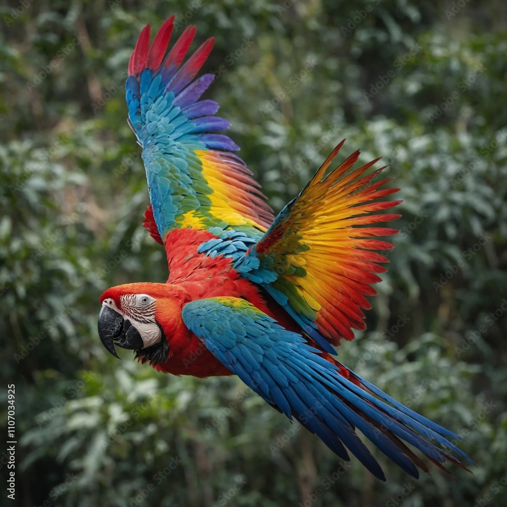Obraz premium A macaw with its brilliant rainbow feathers in flight.