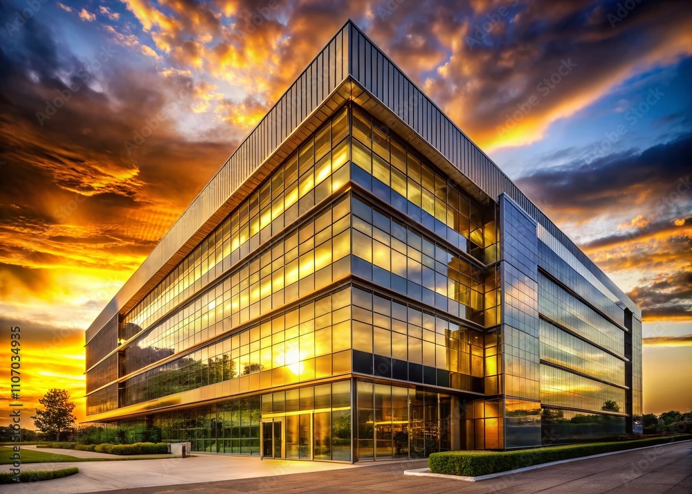 Obraz premium Modern and Minimalist Corporate Headquarters Building in Elegant Gold and Silver Tones, Showcasing a Luxury First Floor with Striking Silhouette Photography Aesthetic