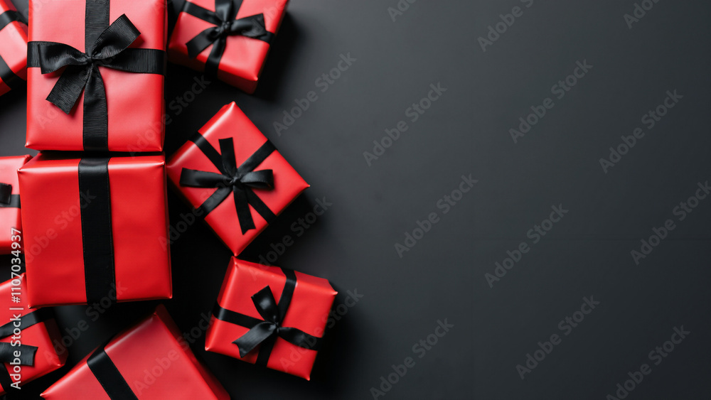 Elegant Red Gifts with Black Ribbons on Dark Background: Perfect for Holiday Promotions or Luxury Brand Advertising Elegant Red Gifts with Black Ribbons on Dark Background: Perfect for Holiday Promotions or Luxury Brand Advertising