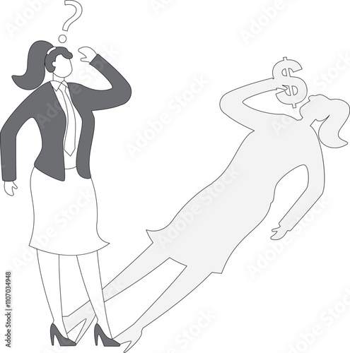 Businesswoman with shadow eating a dollar currency sign