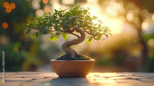 A Miniature Bonsai Tree in a Pot at Sunset