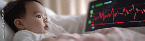 baby gazes at screen displaying synchronized health vitals, showcasing heart rate monitor with red waveforms. scene conveys sense of care and monitoring photo