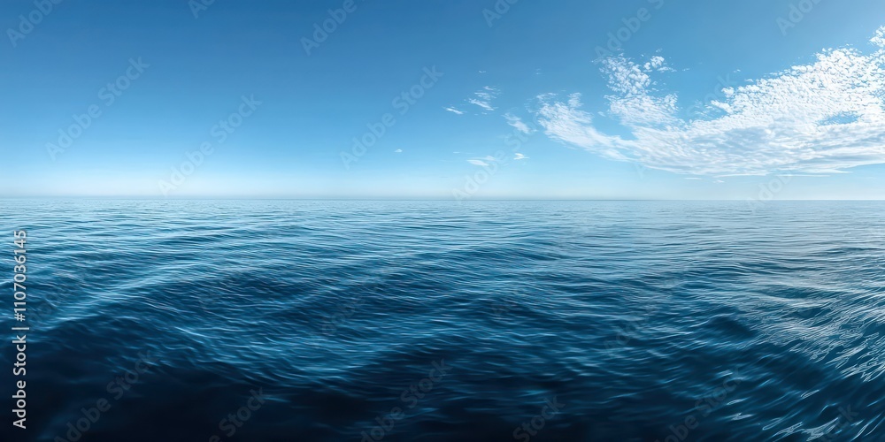Obraz premium A panoramic view of a tranquil ocean with gentle waves and a clear blue sky, conveying serenity.