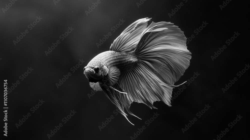 Thai Betta fish gracefully swims with its fins billowing in dramatic pose against dark background, showcasing its elegant form Thai Betta fish gracefully swims with its fins billowing in dramatic pose against dark background, showcasing its elegant form