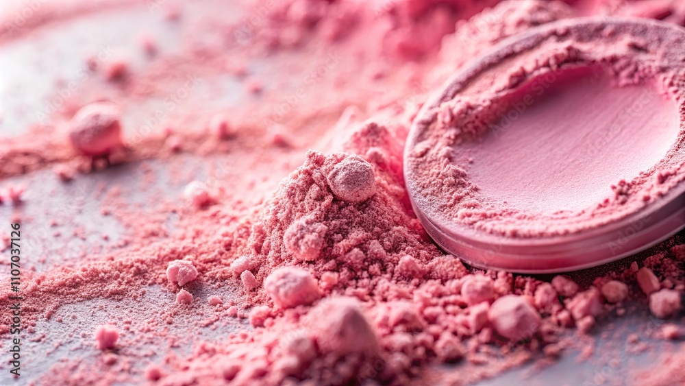 Close-up view of vibrant pink cosmetic powder spilling from its compact, showcasing its fine texture and rich color.